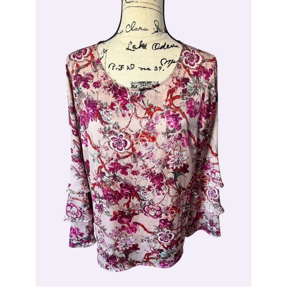 Liz Claiborne Career Floral Tiered Ruffle Bell Sleeve Blouse Top L